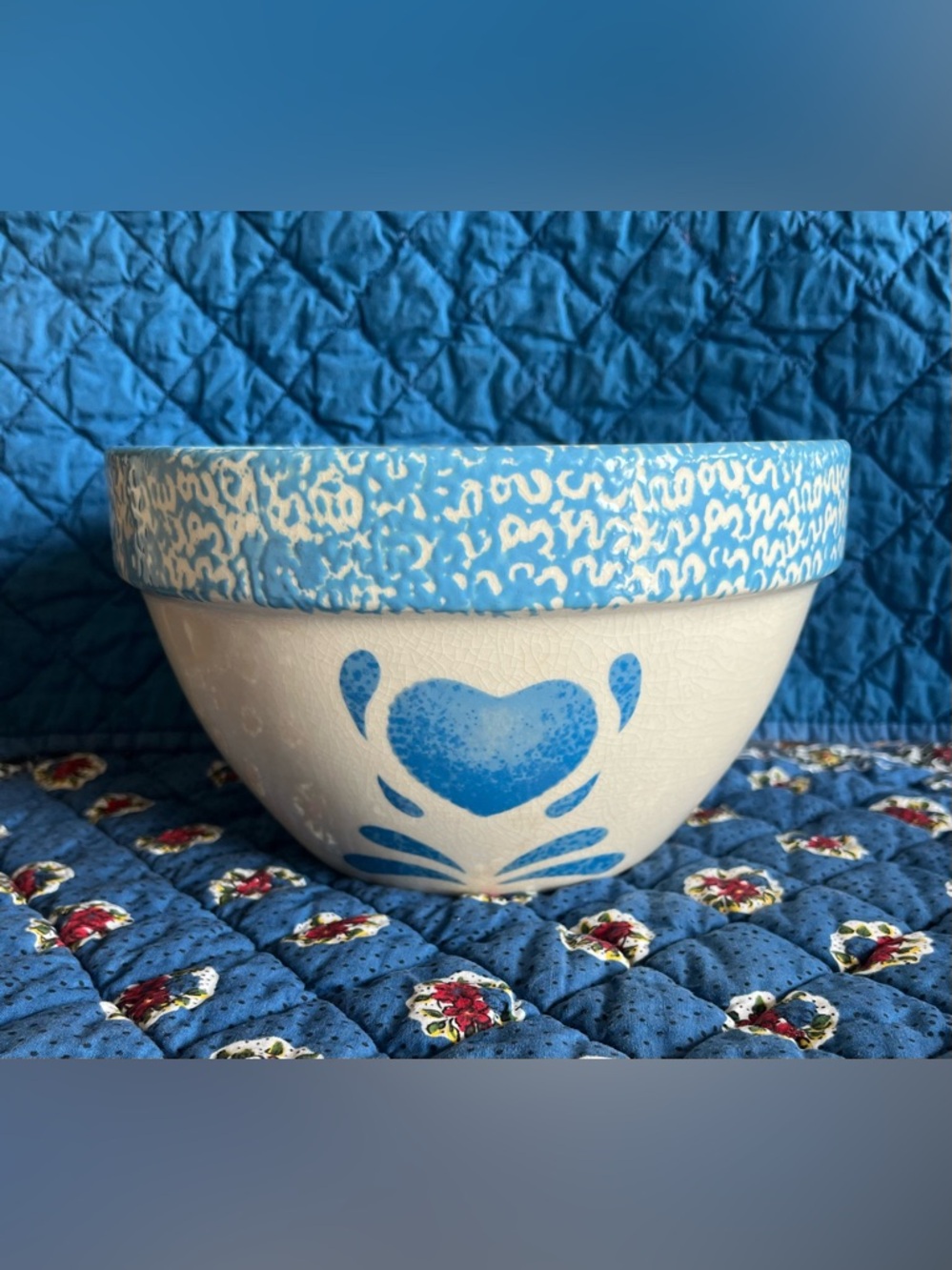 Vintage Stoneware Bowl – House Of Lloyd Spongeware - Blue Heart – Crackle Glaze